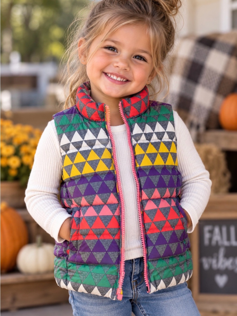 Unisex 4T Colorful Geometric Puffer Vest Pink Zip Quilted Fall Winter